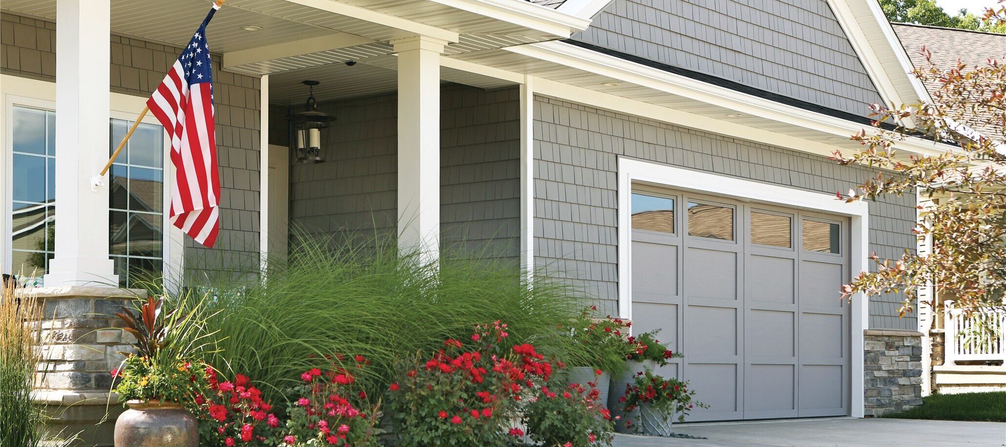 Carriage House Steel Model 7540 -302, Horizontal Vertical Overlays Design, Gray Finish, Plain Square Carriage House Steel Garage Doors, Overhead Door of So Cal