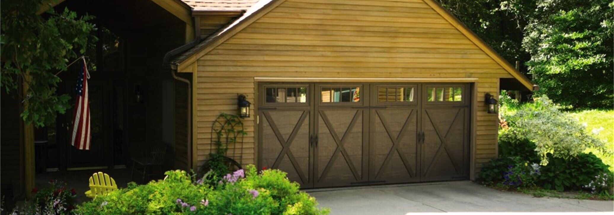 Courtyard Collection®, X Shaped Overlays Design Model 7560, Brown Finish, Stockbridge Windows Courtyard Garage Doors,. Overhead Door of Southern California™